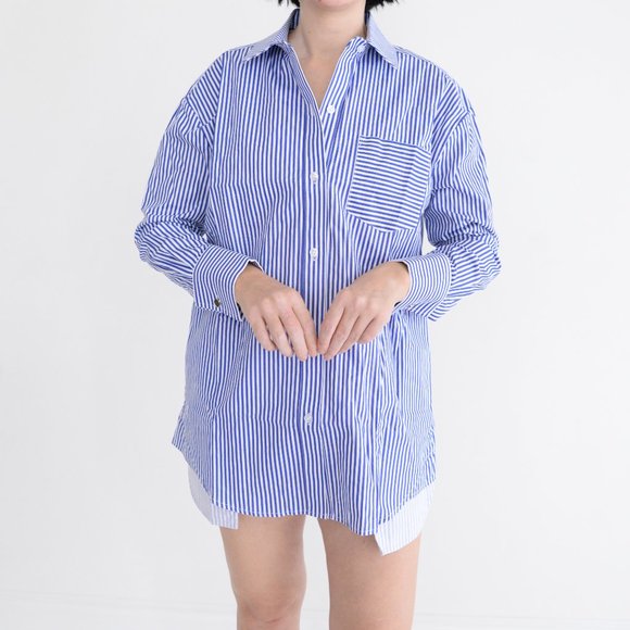 SEROYA Hefley White Blue Stripe Oversized Button Shirt Dress Coated Finish XS - Picture 2 of 6